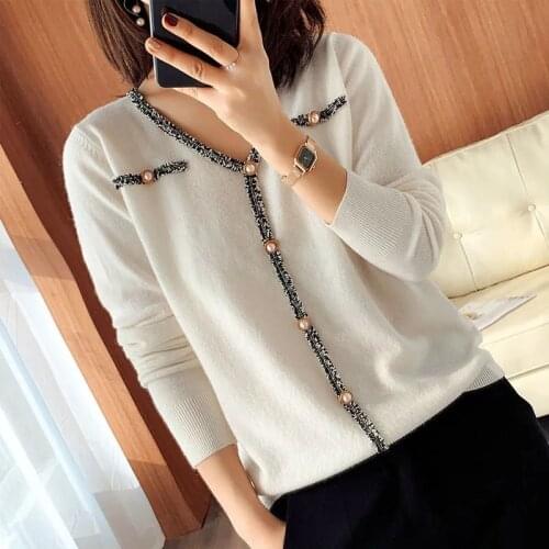 PNEIME New Womens Korean Knit Sweater V-neck Stitching T-shirt Slim Retro Solid Color Cardigan Temperament All-match Top