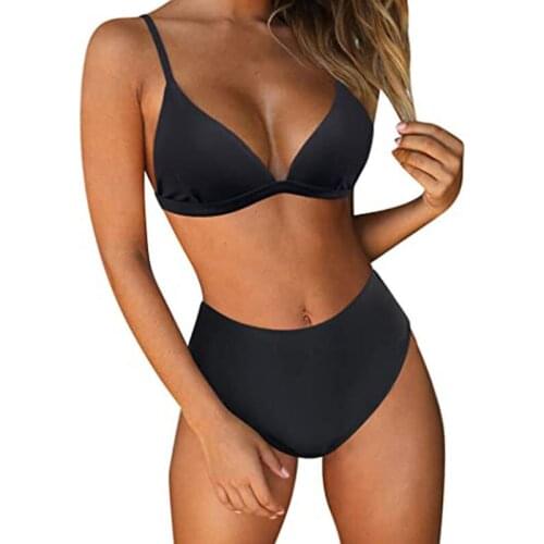 New Arrival 2020 Sexy Solid Color Split High Waist Bikini Push Up 2 Piece Sets Womens