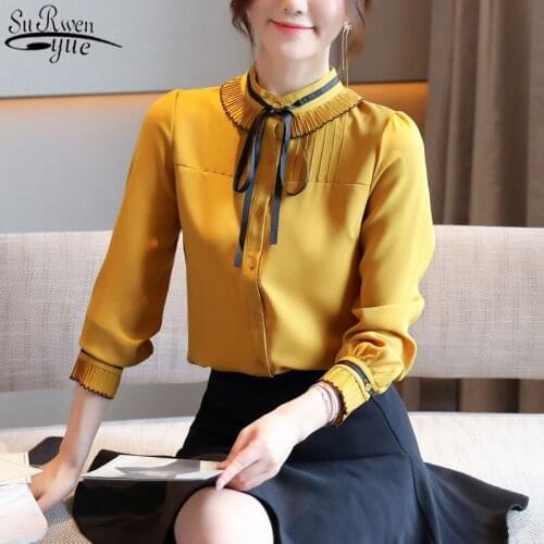 Autumn 2021 Yellow Bow Collar Chiffon Blouse Elegant Long Sleeve Womens Shirt New Stand Collar Loose Cardigan Tops Female 11548