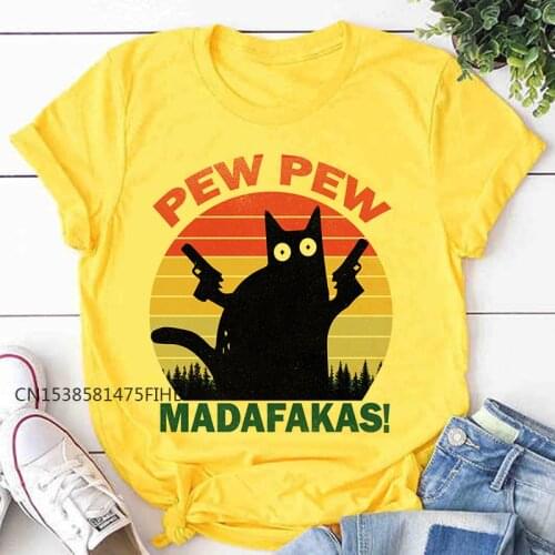 Pew Pew Madafakas Print T-Shirt Women Murderous Black Cat With Gun Funny Yellow T Shirt Halloween Soft Tops Femme Basic Tshirt