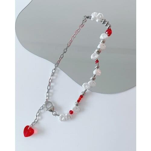 Origin Summer Fashion Red Love Heart Simulation Pearl Pendant Necklace for Women Asymmetric Chunky Chain Necklace Jewelry