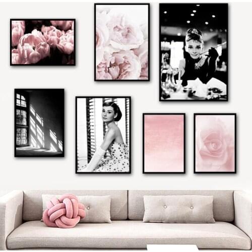 Pink Rose Fashion Girl Peony Light Shadow Wall Art Canvas Painting Nordic Posters And Prints Wall Pictures For Living Room Decor