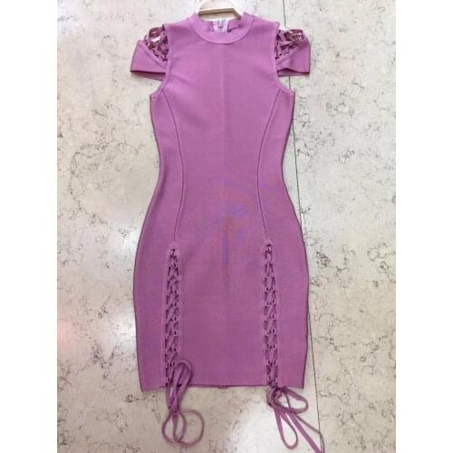 Short Sleeve Sexy Party Dresses Women Hollow Out Bodycon Bandage Dress Celebrity Black Lavender Club Dresses