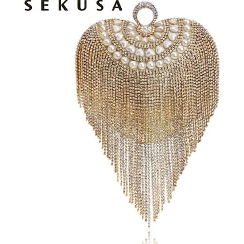 SEKUSA Small Women Clutch Tassel Crystal Evening Bags With Handle Diamonds Finger Ring Beaded Wedding Handbags Wedding purse