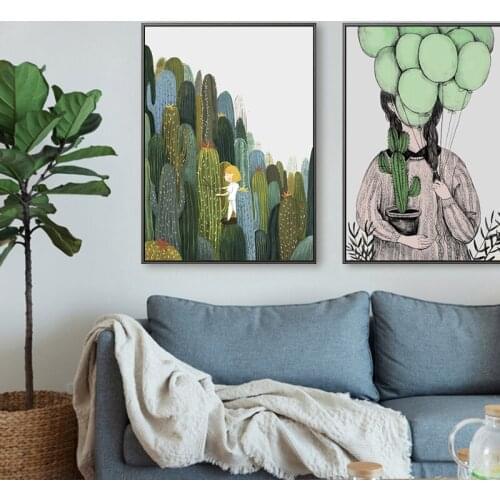 Nordic Hand-painted Green plant balloons Figure wall art Canvas posters Painting Prints Pictures for Living Room Morden Decor