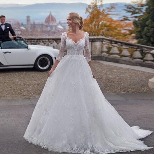 Modest Wedding Dress 2021 Scoop 3/4 Lace Sleeves Applique A Line White/ Ivory Bridal Gown Wedding Dresses Plus Size