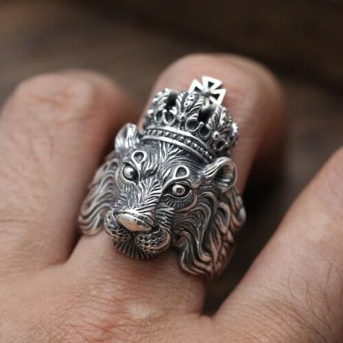 Solid Silver 925 Crown Lion Chunky Rings For Men Thick Band Solid 925 Sterling Silver Jewelry Men Top Fashion Cool Male Ring