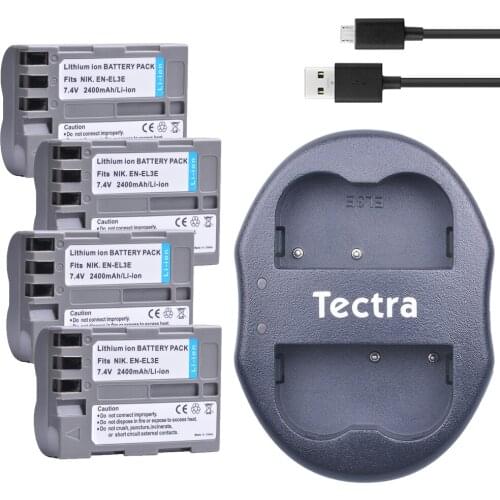 Tectra 4pcs EN-EL3e ENEL3e Camera Battery+USB Dual Charger for Nikon D50 D70 D70s D80 D90 D100 D200 D300 D300S