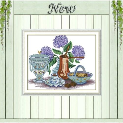 Hydrangeas vases and plates flowers diy decor 11CT counted print on canvas needlework embroidery Sets DMC 14CT Cross Stitch kits
