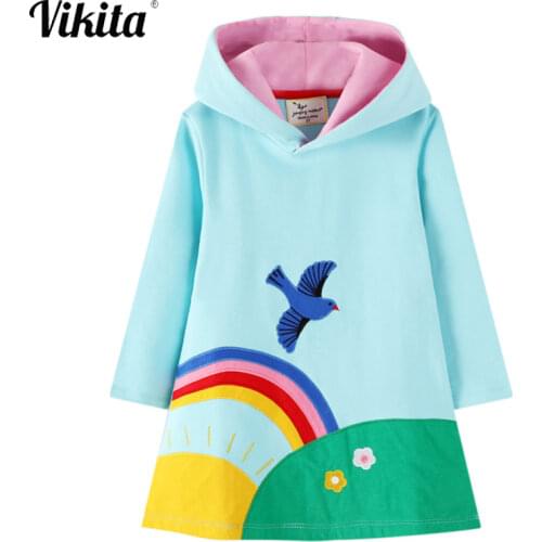 VIKITA Kids Clothes Toddler Girl Dresses Animal Applique Baby Girls Hooded Dress Princess Costume Children Hoodies Dress 2-7Y