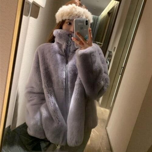 2021 Autumn Winter Women Faux Rabbit Fur Coat Lady Luxury Loose Thick Warm Stand Collar Outwear Female Zipper Plush Jacket M374
