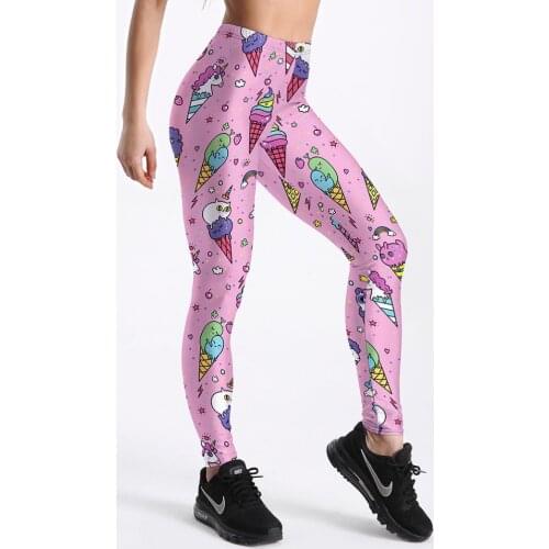 Women Legging Fashion Workout Fitness High Waist Pants Trousers Stripe Ice cream Cone Printed Lovely Style