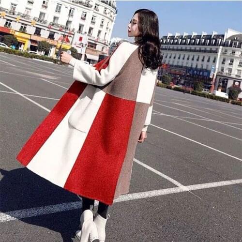 Cashmere woolen coat women winter plus size fashion over coat Splicing checked coat colour collision long knee-length wool coat