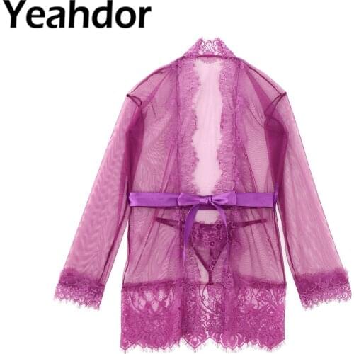 Women Sexy Lingerie Robe Suit See-through Mesh Lace Sash Self Tie Front with G-String Brief Thong Set Exotic Underwear Nightwear