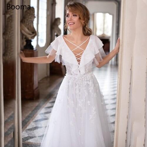 Booma Plunging V-Neck Wedding Dresses Ruffles Criss Cross Illusion A-Line Bride Dresses Backless Lace Appliques Long Bridal Gown