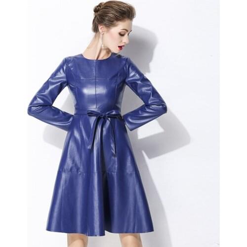 Womens Ladies Spring Fashion Casual A-Line Dress Crew Neck Pu Leather Belt Solid Color Long Sleeve Dresses Mini Dress 2020 New