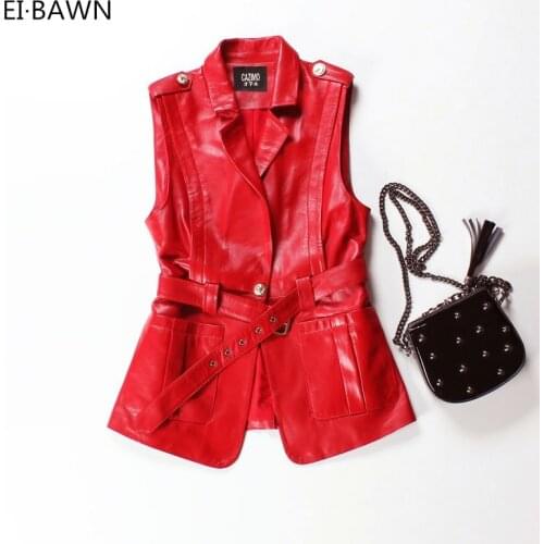 2020 New Arrival Vest Women Sheepskin Black Red Sleeveless Jacket Ladies Fashion Design Belt Lapel Real Leather Vest All Match