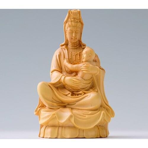 10CM SongZi Guanyin Wood Statue Crafts Buddha Statue Boxwood Home Decoration Feng Shui Figurines