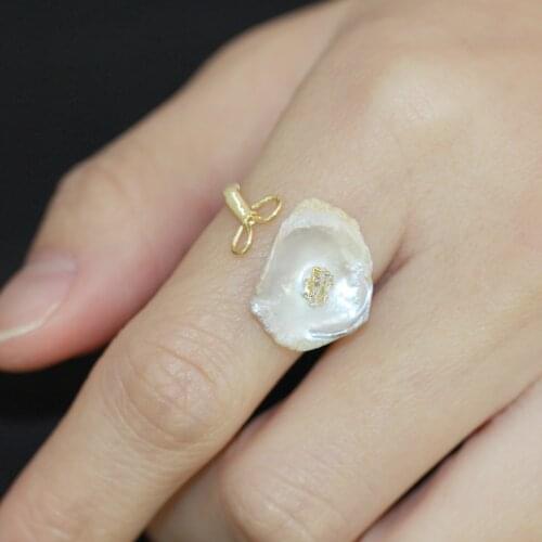 14KGF Elegant Baroque White Freshwater Pearl Ring Ladies Trendy Women Stylish Wedding Party Jewelr Bijoux Cute Gift