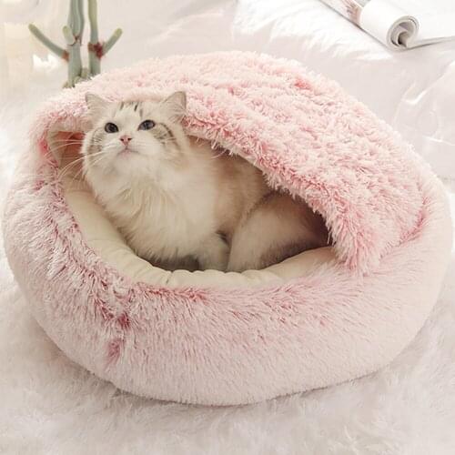 2-in-1 Round Plush Cat Bed Kitten Cage Cozy Nest Indoor Soft Mat Cave House Kennel Winter Warm Sleep Bag Washable Kitty Tent