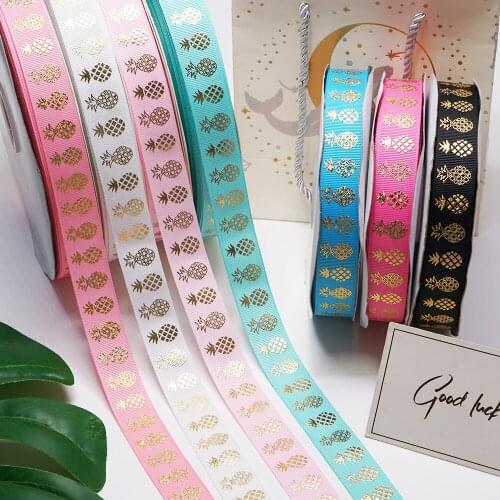 Free shipping 50 yard 22mm pineapple golden foil ribbon printed grosgrain ribbon