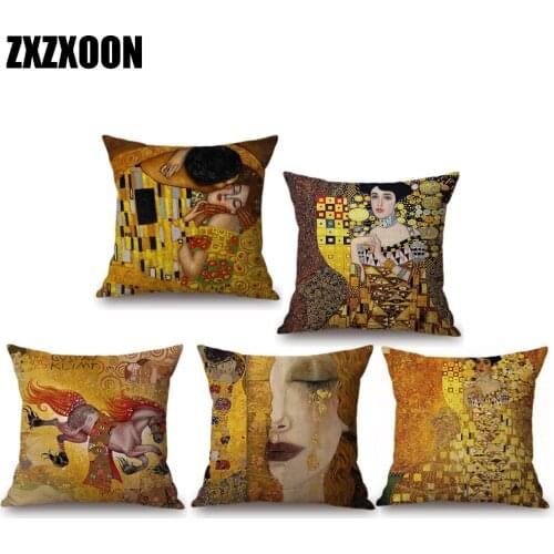 Gustav Klimt Art Oil Painting Throw Pillows Case Polyester Sofa Cushion Cover for Home Living Room Decoration