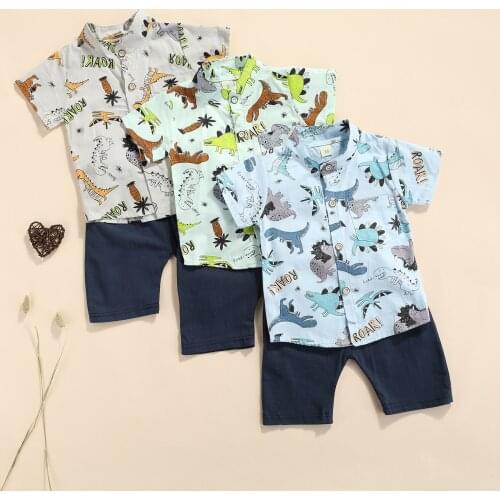 FOCUSNORM Summer Kids Boys Causal Clothes Sets 2pcs Dinosaur Printed Short Sleeve Single Breasted Shirts Solid Shorts 0-4Y