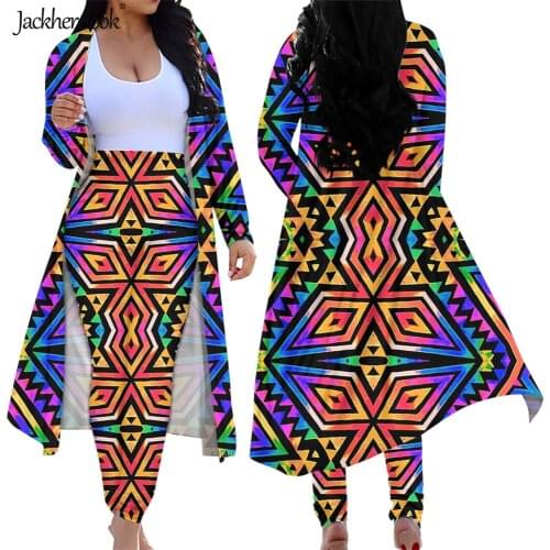 Jackherelook Vintage Outfits 2 Piece High Waist Pants Tribal kaleidoscope Graphic Print Women Open Front Cardigan Long Leggings
