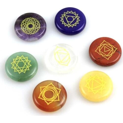 KFT Natural Healing Crystal Quartz Stone Carved Rune Pendant Round Choker Reiki 7 Chakra Stone Pendant Necklace no hole/One Set