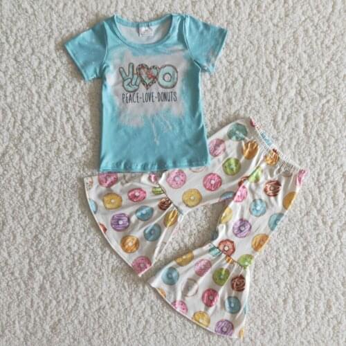 High quality blue bleached short sleeve cute donut printed shirt bells outfit pants set baby girls spring outfit kids clothing