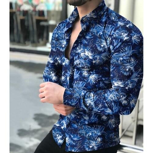 Summer Men Shirt Fashion Vintage Floral Print Buttons Streetwear Male Shirts Casual Long Sleeve Lapel Top Loose Party Shirts