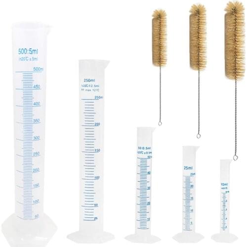 5 Pack Plastic Measuring Cylinder Graduated Cylinder 10ml 25ml 50ml 250ml 500ml,Lab Test Tube Kit with 3 Clear Brushes