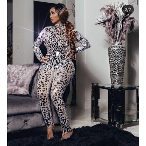 Fashion Shining Long Sleeve Mirrors Mesh Transparent Jumpsuit Women Nightclub Party Birthday Outfit Singer Dancer Stage Wear