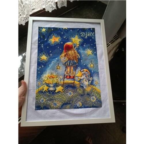Girl picking stars cross stitch kit aida 14ct 11ct count printed canvas stitches embroidery DIY handmade needlework