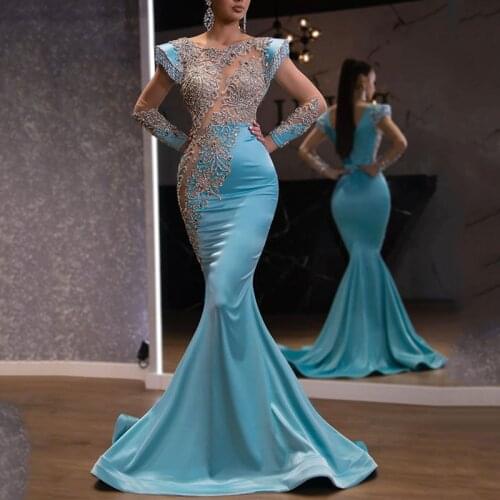 The new 2021 daily light blue long fishtail skirt banquet alluvial gold series show thin dress female temperament convention