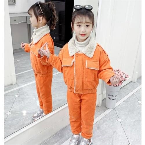 Girl new solid color suit Girl corduroy plus velvet jacket pants setGirl windproof warm casual two-piece suit