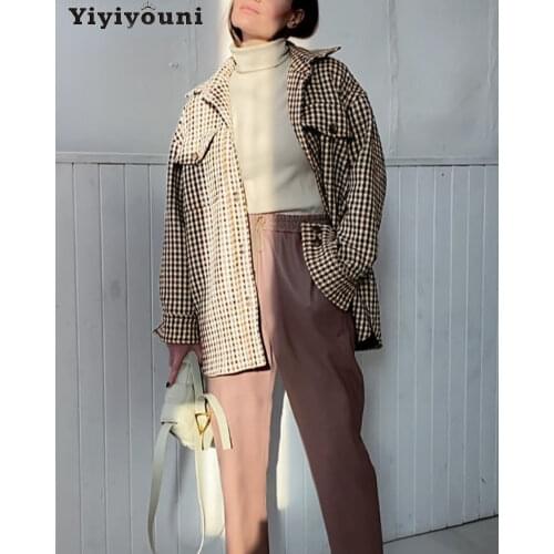 Yiyiyouni Autumn Winter Single Breasted Plaid Shirt Jackets Women Long Sleeve Loose Outerwear Tops Female Oversized Wool Coat