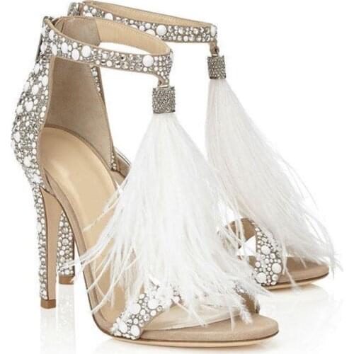 Gorgeous Beaded Feathers Tassels Wedding Heels 10 CM Open Toe Prom Evening Party Shoes Bridal High Heels Lady Formal Dress Stile