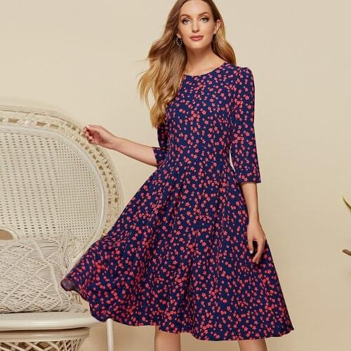 New Elegant A-line Spring Dress Vintage printing Slim Party Dress Three Quarter Sleeve women Summer Casual Midi work Dress