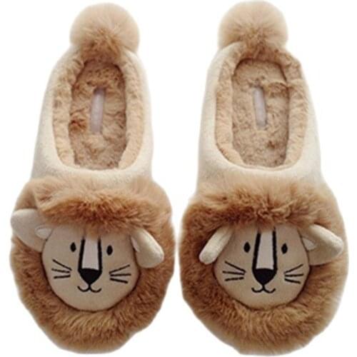Suihyung Winter Warm Women Home Slippers Cute Lion Cartoon Plush Slip On Furry Indoor Shoes Ladies Non-slip Bedroom Flip Flops