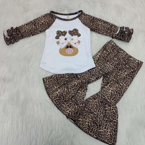 High quality baby girl leopard print christmas deer outfit girl fashion outfit with icing ruffle