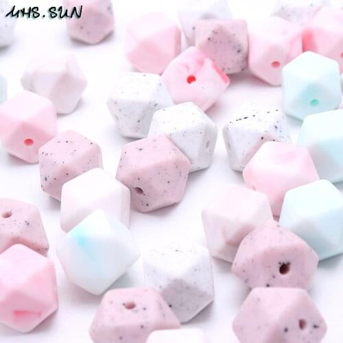 MHS.SUN Newest food grade silicone beads hexagon 14mm marble pattern silicone bead teething in baby teethers necklace DIY