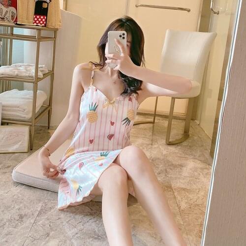 2021 Nightdress Womens New Summer Suspender Silk Like Nightdress with Bra Lovely Cartoon Skirt Home Clothes Sexy Sleepwear