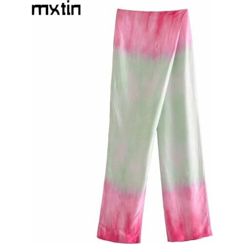 MXTIN 2021 Women Spring Fashion Tie-dye Straight Pants Vintage High waist Fly Side Zipper England Style Casual Trousers Mujer