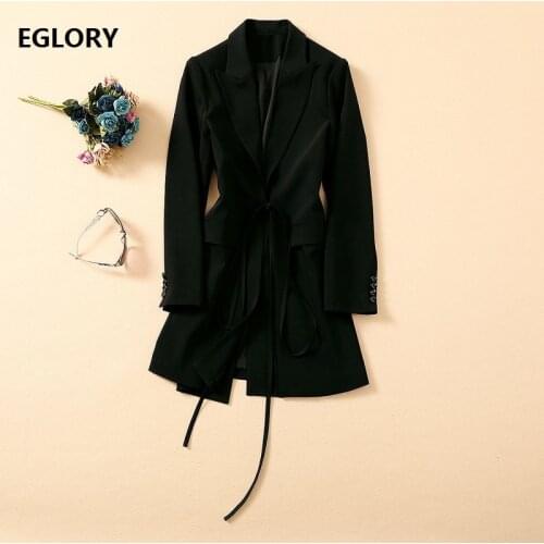 High Quality New Runway Blazer Coats 2021 Spring Outerwear Women Notched Collar Cross String Deco Long Sleeve Black Blazers