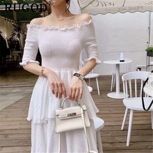 RUGOD Elegant off shoulder flare sleeve long dress for women 2019 Korean chic Ruffles maxi office ladies maxi cake dress summer