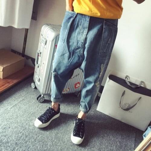 BF Style Cowboy Cross-pants Baggy Denim Harem pants Men Loose Low drop Crotch Jeans Hole Ripped Sagging street dance Joggers