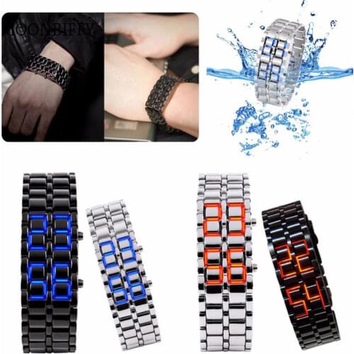Womens Mens Volcanic Lava Iron Samurai Metal Faceless Bracelet Sport LED Watch