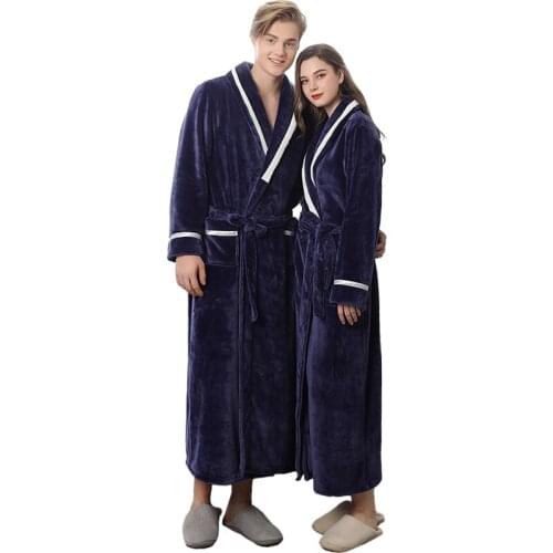 Women Men Extra Long Warm Coral Fleece Bathrobe Kimono Dressing Gown Winter Thick Flannel Long Robe Men Bath Robe Bride Peignoir