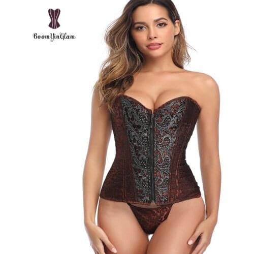 Front Zip Up Corsage Corset Festive Clothing Brown Body Shaper Full Breast Bodice Vintage Steampunk Bustier Corsets